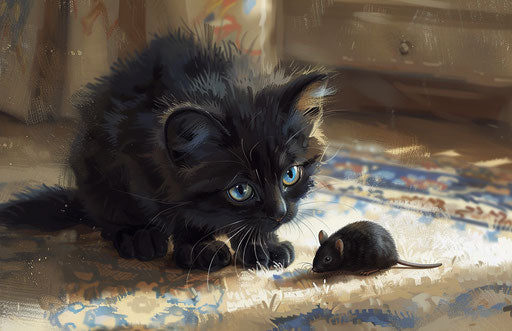 A black cat playing with a mouse on the carpet