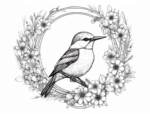 Hummingbird in circular frame with flowers, tattoo style
