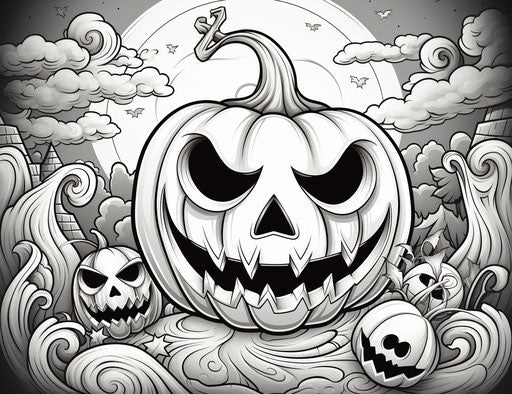 Coloring pages for kids with a jackolantern, detailed skies