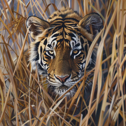 The piercing gaze of a Siberian tiger through tall grass