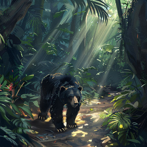 Sun bear strolling along jungle path with piercing sunlight