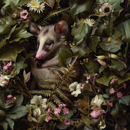 Possum hidden among ferns and wildflowers