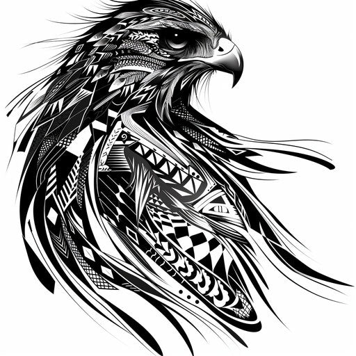 Digital drawing of a tribal hawk tattoo with bold black lines and geometric patterns, displayed on a clean white background.