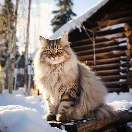 A Siberian cat in front of a log cabin in the woods