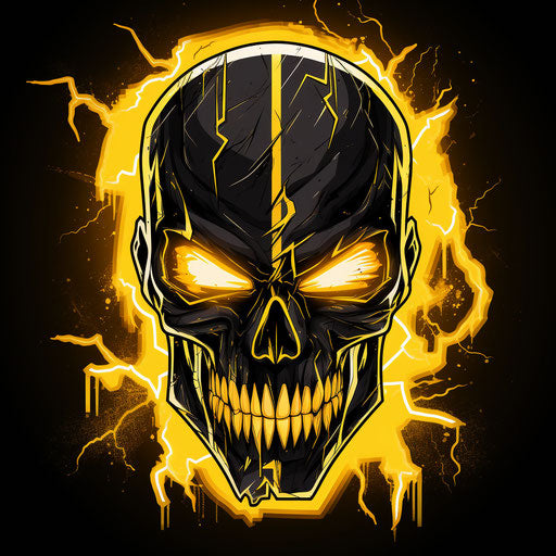 Lightning skull icon in black and yellow, retrocore style