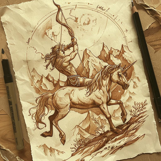 Flat tattoo sketch of Sagittarius, a centaur archer, with earth-toned mountains backdrop