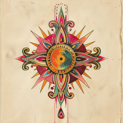Retro tattoo sketch of a Kalinga symbol inspired by 1960s art with psychedelic colors