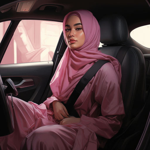 Girl in car with pink hijab and punk style, ferrania p30