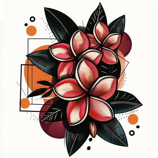 Modern flat tattoo sketch of plumeria with geometric shapes and bold colors