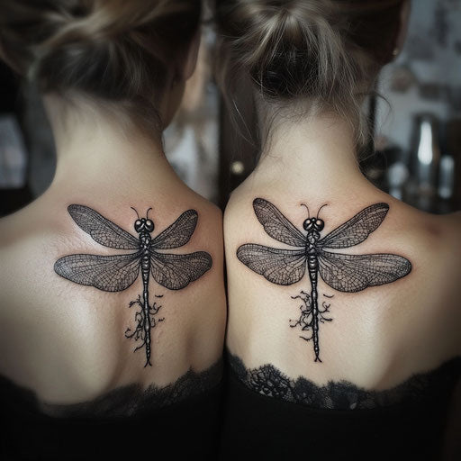 Mother daughter tattoos with matching dragonflies, J.P. Targete style