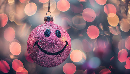 Hanging pink smiley face ornament with black glitter