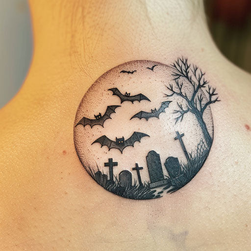 Spooky Halloween tattoo with bats flying over cemetery