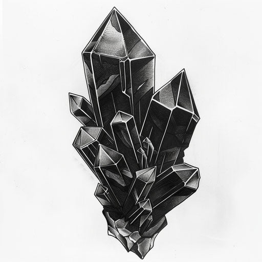 Flat tattoo sketch in noir style of a black obsidian crystal