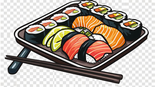 Sushi and sashimi on a plate with chopsticks
