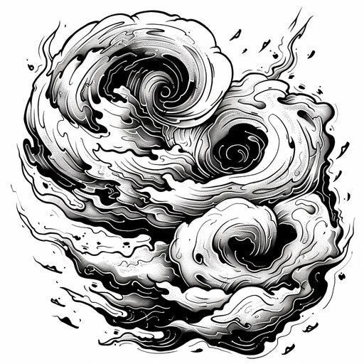 Dynamic flat tattoo sketch of a swirling storm system with bold, expressive lines