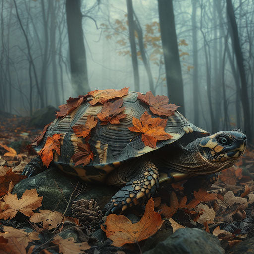 Autumn turtle in misty forest
