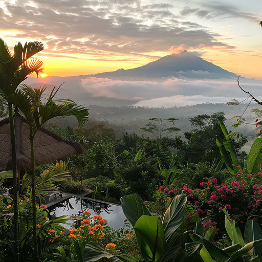 Sunrise from a villa overlooking Pinggan village, with views over Mount Batur. Lucky weather, low fog makes the view magical