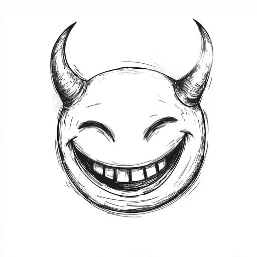 Flat tattoo sketch of smiley face with devil horns on white background