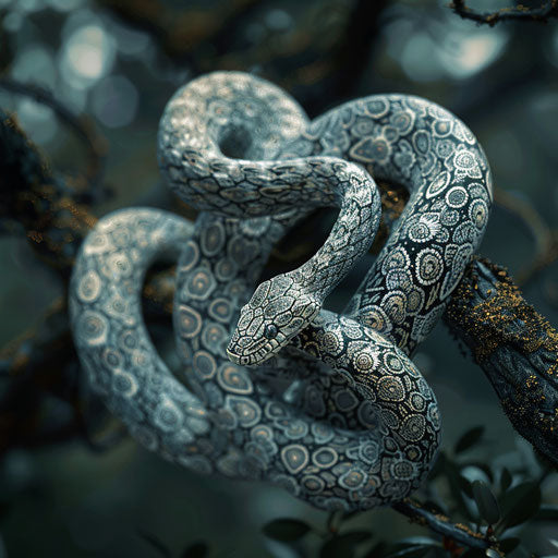Snake coiled around a tree branch, intricate pattern
