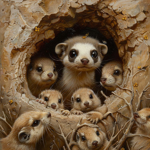 A whimsical scene of a black-footed ferret playing hide and seek with prairie dogs.