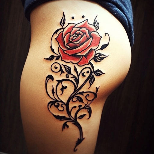 Simple flower tattoos with a bold rose and tribal pattern