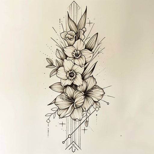 Contemporary geometric flat tattoo sketch birth flower bouquet