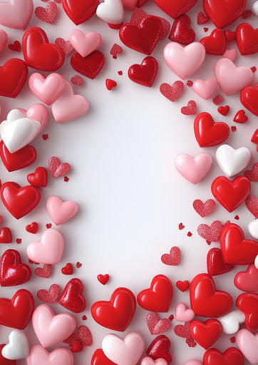 Valentine's Day background with red and pink hearts, love frame, white space, flat lay.