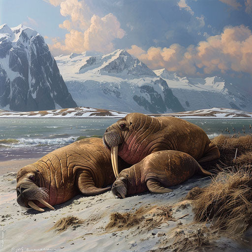 A walrus family relaxing on the shore