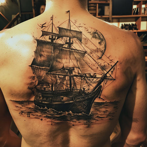 Realism tattoos of a pirate ship, in the style of Sailor Jerry, on the back