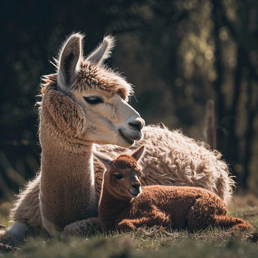 Motherly alpaca watching over sleeping cria