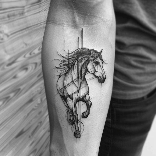 Elegant sketch of a dark horse with minimalist black and white stripes