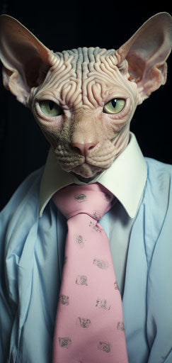 The sphynx assassin, blue eyed, in cut/ripped style, dry wit humor, light pink and light beige, Zeen chin, Rollei Prego 90, dadaist 19:40