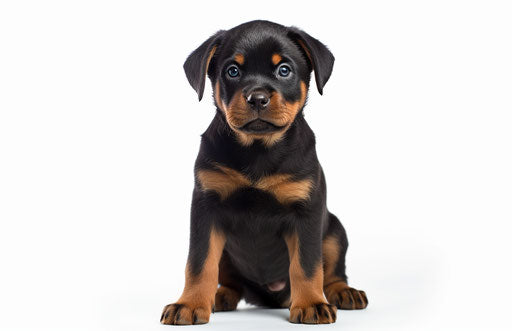 Rottweiler puppy sitting on white background, style light orange and dark black
