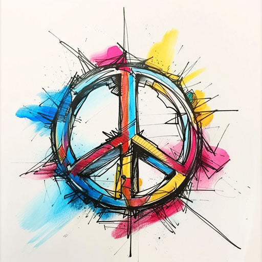 Eclectic peace tattoo sketch blending a peace symbol with abstract art elements in vivid colors