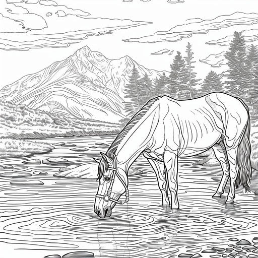 Horse drinking water from a river with mountains in the background