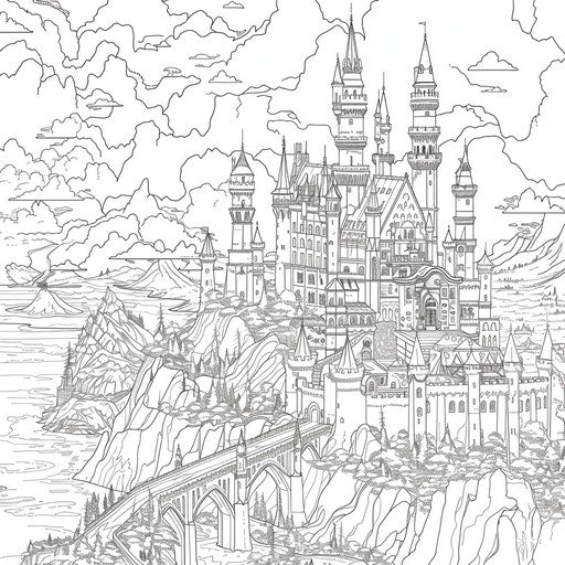 Fantasy world with enchanted castles and landscapes coloring