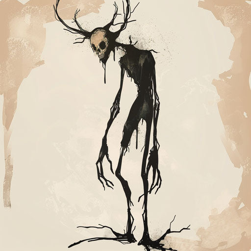 Flat tattoo sketch of a Wendigo with eerie limbs