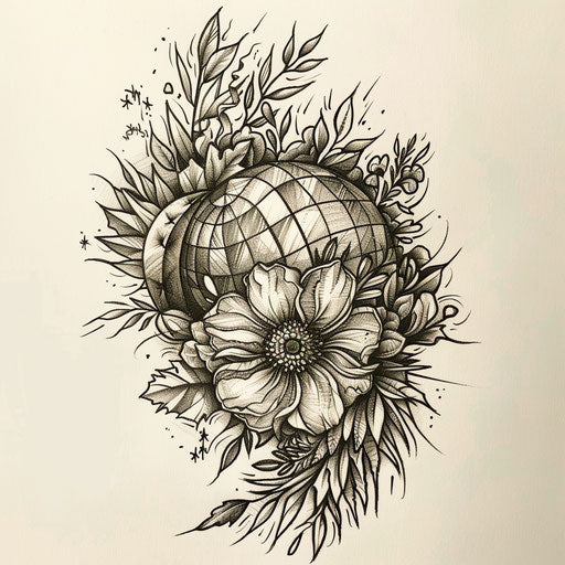 Botanical disco ball tattoo sketch with lush foliage and floral patterns