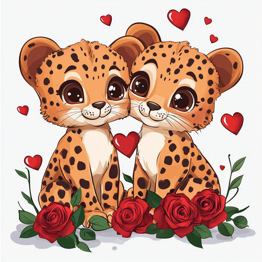 Cute baby cheetah couple in cartoon for Valentine's Day