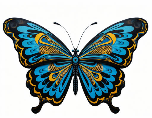 Black and blue butterfly tattoo design, sky-blue and yellow style