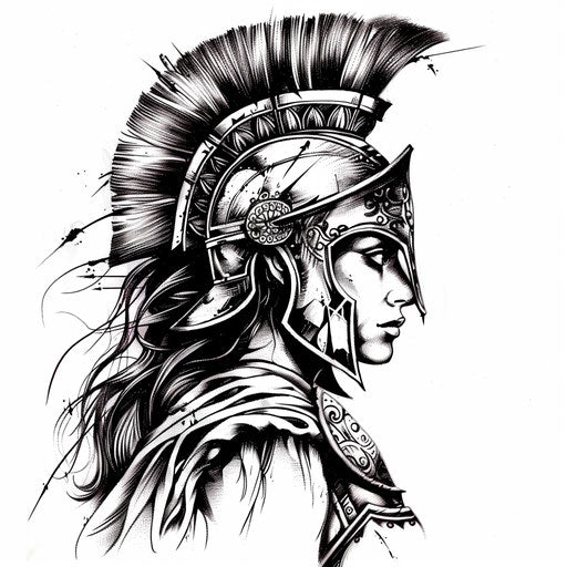 Athena battle armor tattoo design, elegant and detailed