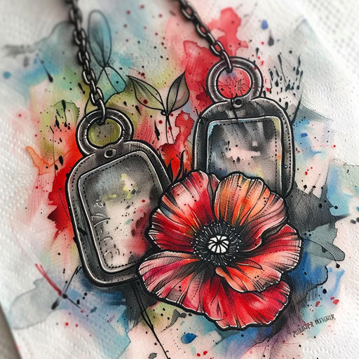 Bold and colorful tattoo of military dog tags and poppy flower