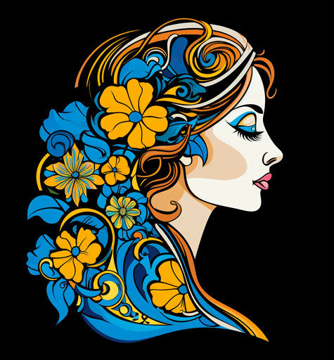 Female head profile. Price 1 USD, folk art, celtic art, cartoon style