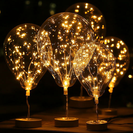 Golden balloon-shaped lights glowing in the dark