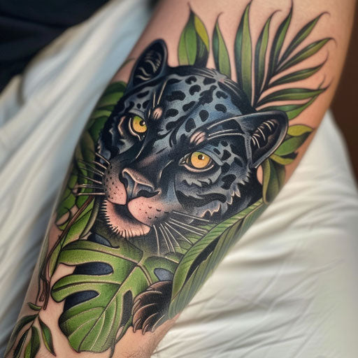 Vibrant jungle-themed panther tattoo
