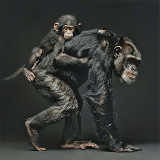 Chimpanzee mother carrying baby on back