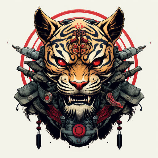 Samurai tiger on stylised armor, linear illustration