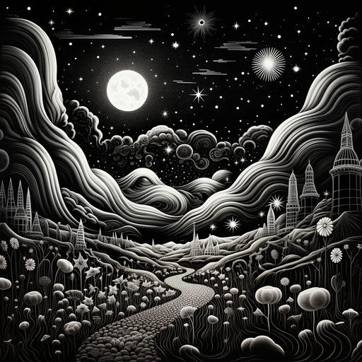 Fantasy landscape in intricate dotwork style at night