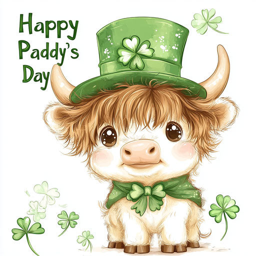 St. Patrick's Day Cute Baby Highland Cow wearing a green hat with shamrocks
