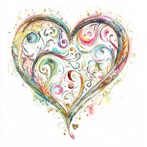 Whimsical heart design with intricate patterns and glittering elements